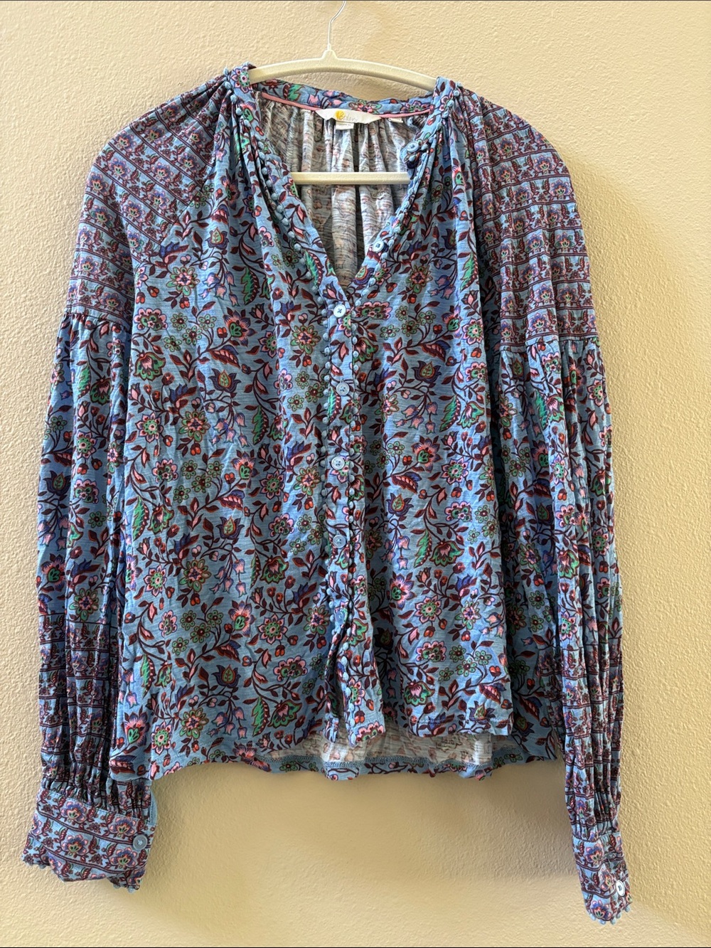 Boden Womens Blue Floral Button-Front Peasant Blouse